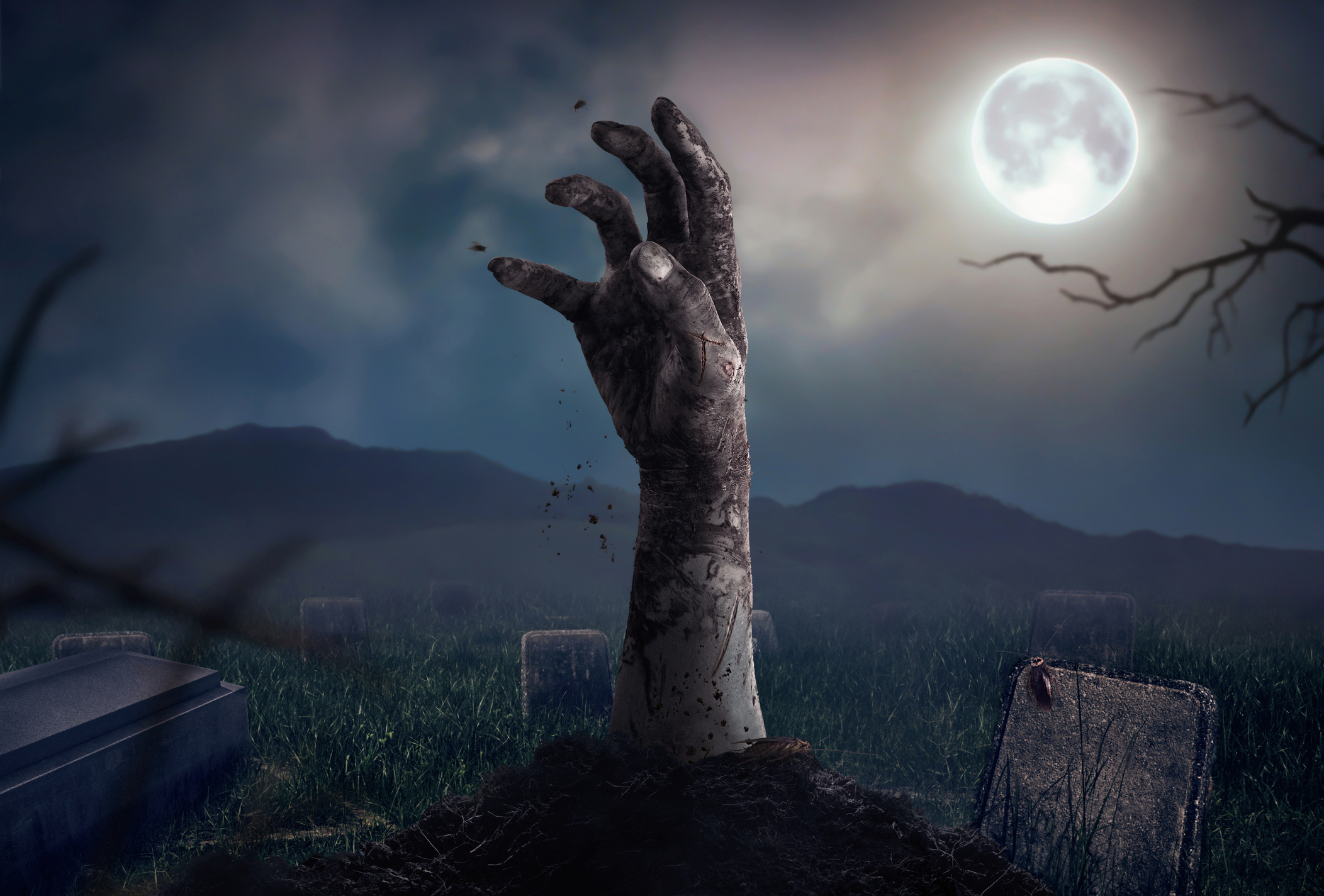 Zombie hand rising in dark Halloween night