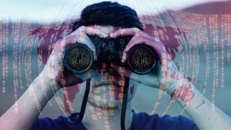 man with binoculars searching data